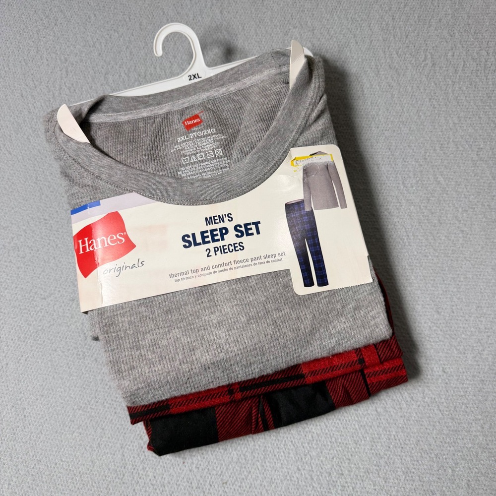 Hanes Originals Mens Sleep Set 2XL Thermal Top Fleece Plaid Pants Grey Red NEW